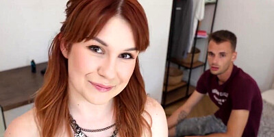 Redheaded girl pulled by the hair during cuckolding sex