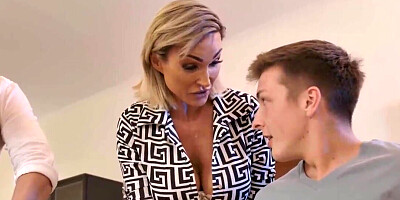 Blonde spit roasted by two in a taboo stepfam video