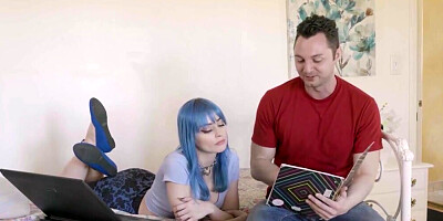 Blue hair teen hottie getting smashed from behind too