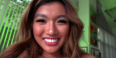 Asian slut with a petite figure rides a girthy BWC
