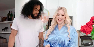 Blonde in blue lingerie chokes on cock and gets off