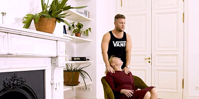 Blonde lady looks tired yet she takes his dick very well