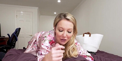 Stepmom sucks on his fingers to surrender to his dick
