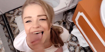 My petite gf gobbles on my hard cock in the bathroom
