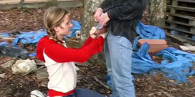European blonde teen gags on a random dick outdoors