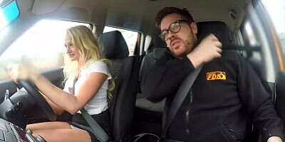 Fake Driving School Instructor has horny car fuck with busty blonde MILF