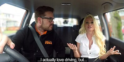 Fake Driving School Instructor has horny car fuck with busty blonde MILF