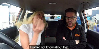 Fake Driving School Instructor has horny car fuck with busty blonde MILF