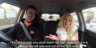 Fake Driving School Instructor has horny car fuck with busty blonde MILF