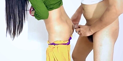 Erect Indian penis slides into the pussy of a girl standing up