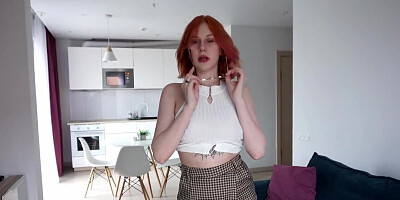Redheaded hottie looks great as she takes his boner