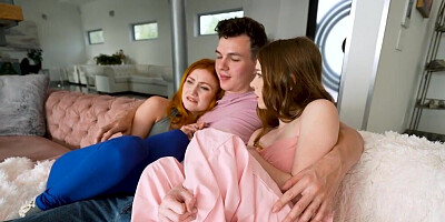 A redhead and abrunette have a night with their stepbro