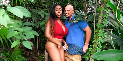 Stallion relaxes with big-assed Ebony diva in forest and studio