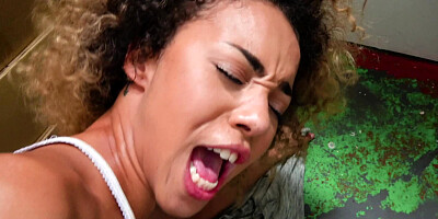 Black cutie with curly hair gets loud as she takes white dick