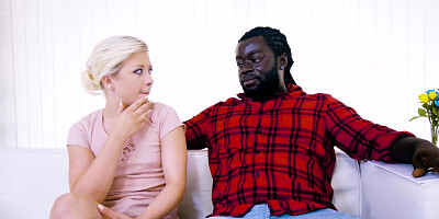 Interracial sex scene of pale-skinned cutie and giant black guy