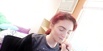 Behind the scene footage with a petite redhead