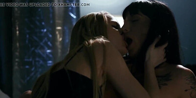 Brunette with tattoos has lesbian sex in the bedroom