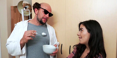 Bald man having a threesome with two nasty young sluts