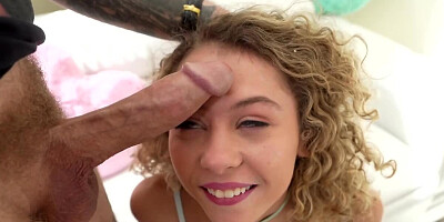 Nerdy neighbor fucks curly teen's pussy and cums on her face