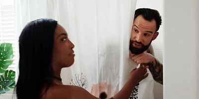 Bearded man covers Ebony diva's big boobs with cum after coition