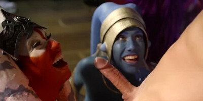 Cosplaying chicks banged in a bar by a couple of muscular men