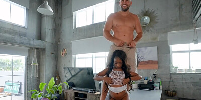 Petite black chick is fucked by a big-dicked white stallion