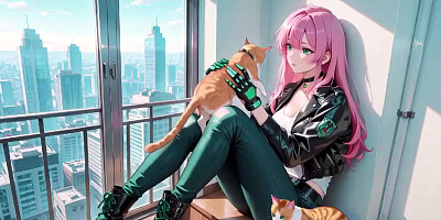 Rosy-Haired Leather Tech! Intimate vibrates in a neon-lit cyber corridor.
