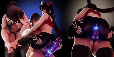 Hutao and Beidou strap-on sex with a dragon dildo