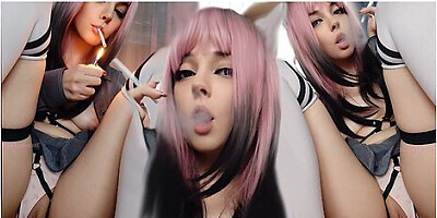 Egirl smokes with legs spread, no panties in sight