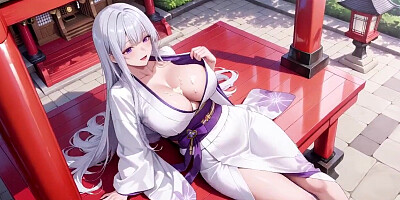 Silver-haired Miko Shrine Secrets! Half-unbuckled White Kimono, Getting down on all fours Poses and Mighty Eye Contact.