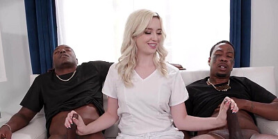 Confident blonde is going to work hard with two black dicks