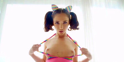 Miniature brunette Jane Wilde fucked in the doggy style pose