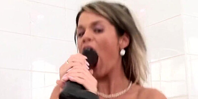 Black-haired gal nailed in the shower