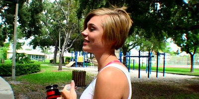 StreetBlowjobs: Blonde haired Tracy Lee cum on tits outdoors