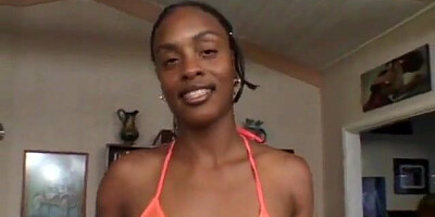 Naughty ebony sits on a gigantic white rod and pokes it firm with her labia