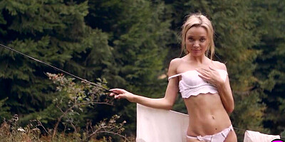 Glorious diminutive Zhenya Belaya molten posing and passion striptease act
