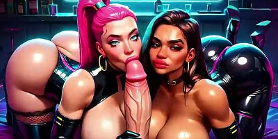 Buxom LATINA Cyberpunk Honies Take Turns on a Large Prick — Fellate & Bumfuck (4K AI Animated)