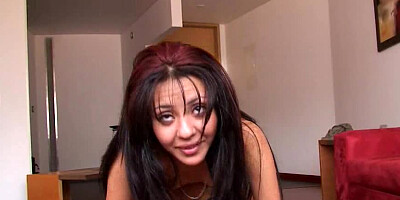 Small-boobied Latina gets banged on the floor and red couch