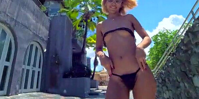 Bony Fuckslut with Wooly Underarms Juggling her Lil' Udders & Backside Outdoors