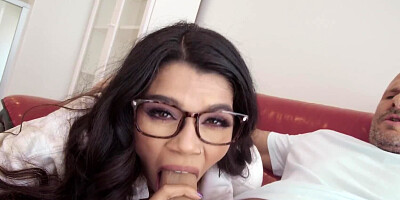Cute teen wearing glasses and cucking a dude in POV