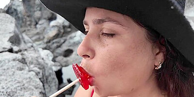 Stepmom Practices Sucking On A Candy On The Beach. Then Tests Her Skills On Her Stepsons Dick