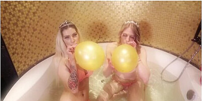 Blondes inflate balloons and ride a monster strap-on at a wild party