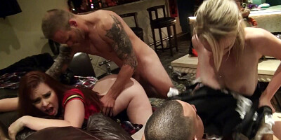 Girls are with some men, doing a hot orgy at a kinky party