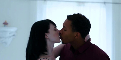 Snow-white brunette licks giant black dick and takes it into cunt