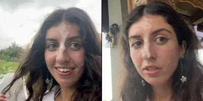 Walking with Cum on Face in Cafe - Girl Eats Pizza and Swallows Cum