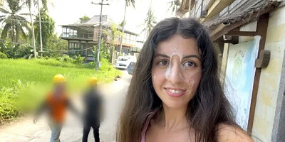 Cute Girl Eating Burger with Cum on Her Face in Public Cafe