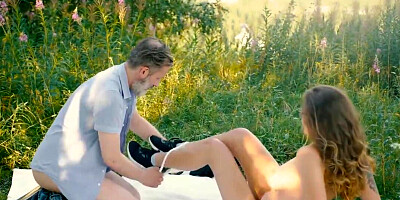 Stunning chick enjoys old cock in nature