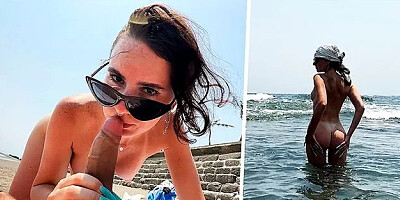 Public Blowjob on the Beach from a Big-assed Beauty