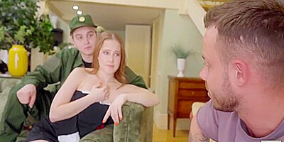Small-titted Redhead Maid Gets Analized By Her Boss While Her Cuckold Military Bf Is Standing Guard