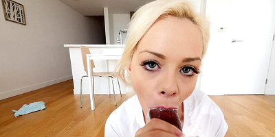 A blonde is sucking dick with her sexy little mouth here